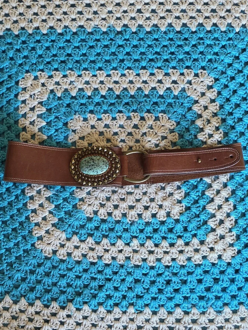 Leather Rock Leather Belt With Turquoise Buckle With Gild Studs